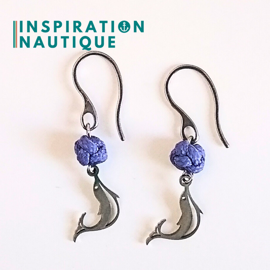 Boucles d'oreilles avec bille en corde et dauphin en acier inoxydable, Lavande mauve