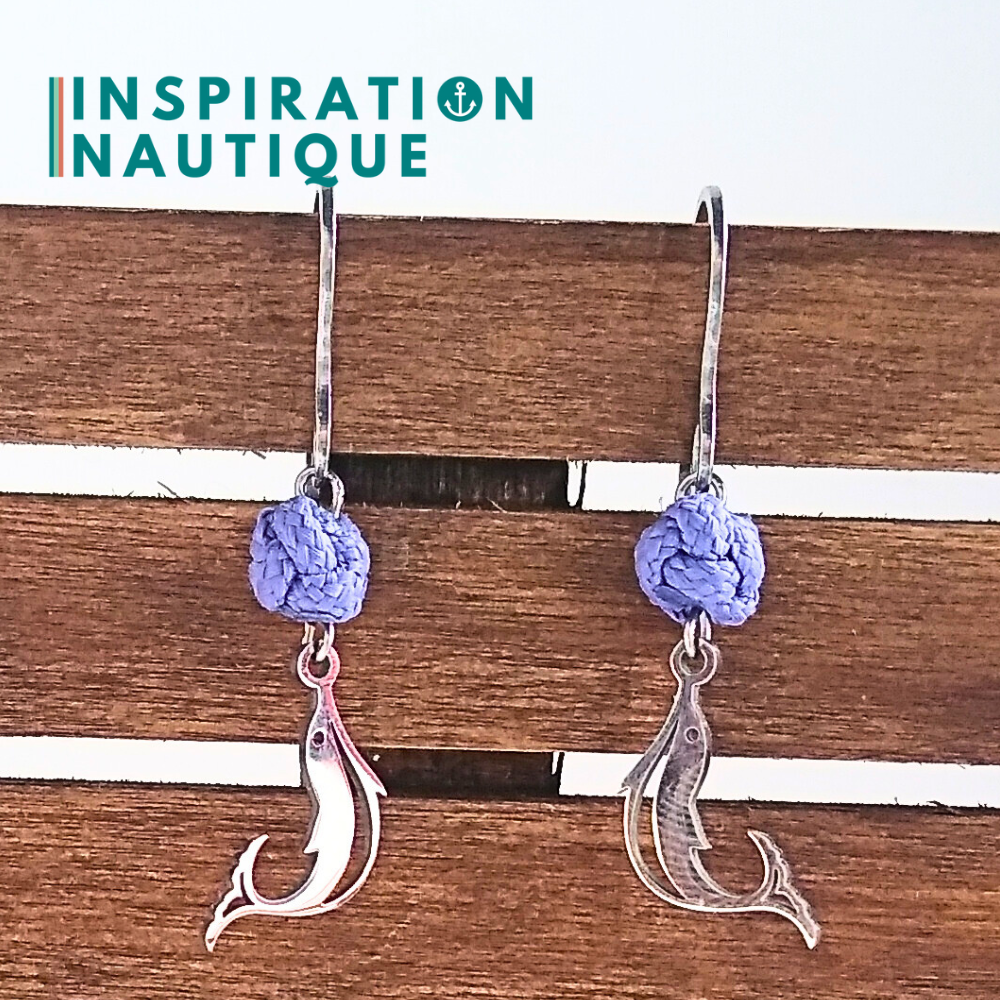 Boucles d'oreilles avec bille en corde et dauphin en acier inoxydable, Lavande mauve