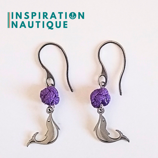 Boucles d'oreilles avec bille en corde et dauphin en acier inoxydable, Lilas