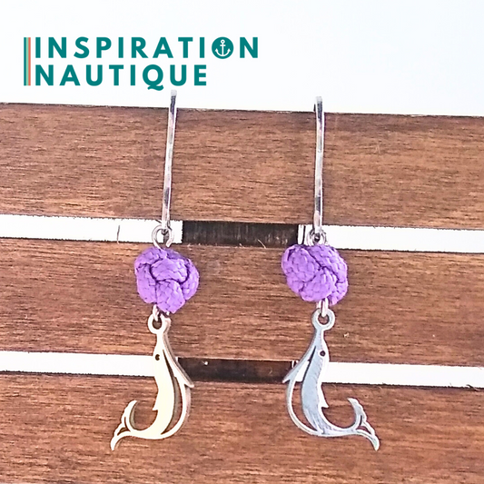 Boucles d'oreilles avec bille en corde et dauphin en acier inoxydable, Lilas