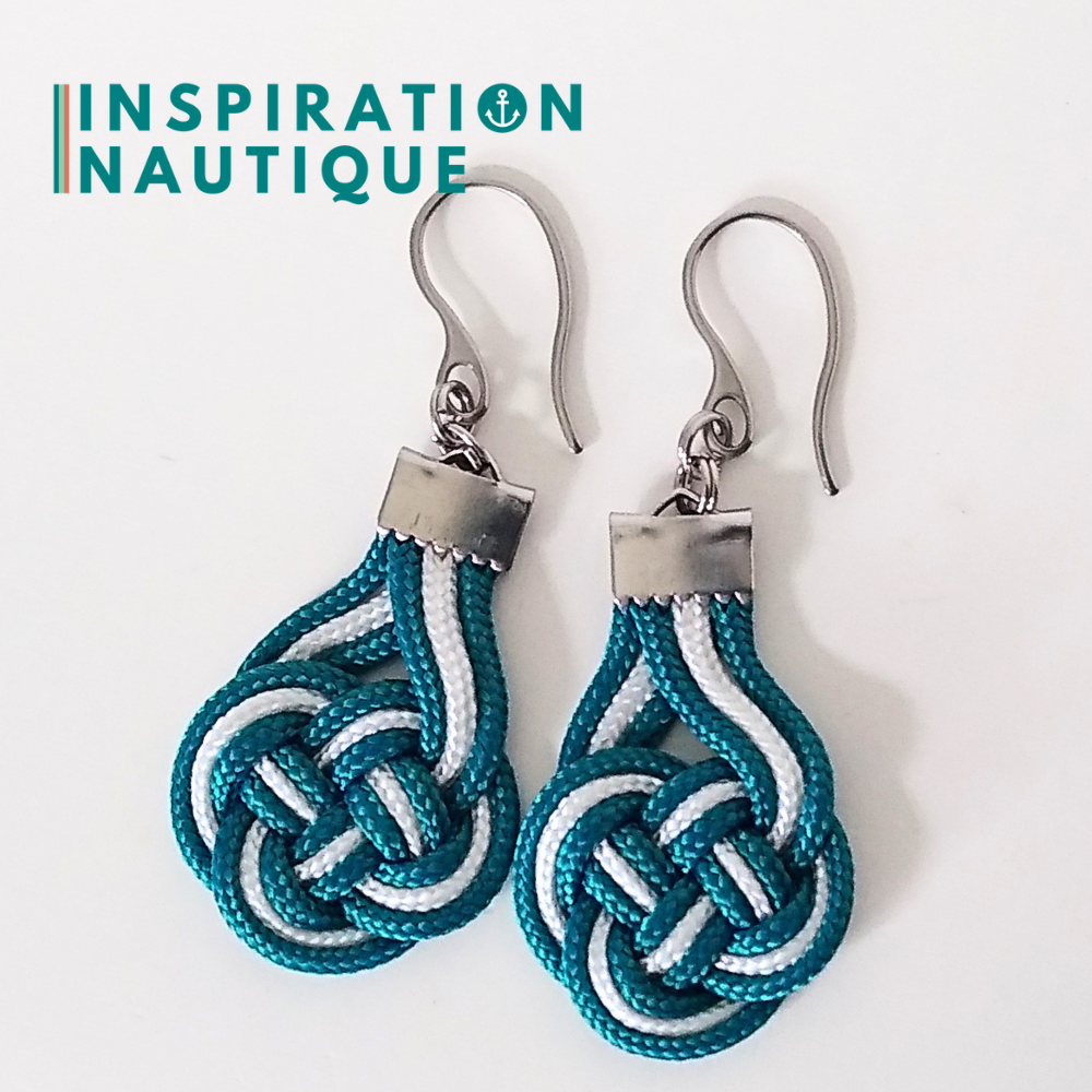 Boucles d'oreilles Double Coin Knot, Sarcelle et blanc