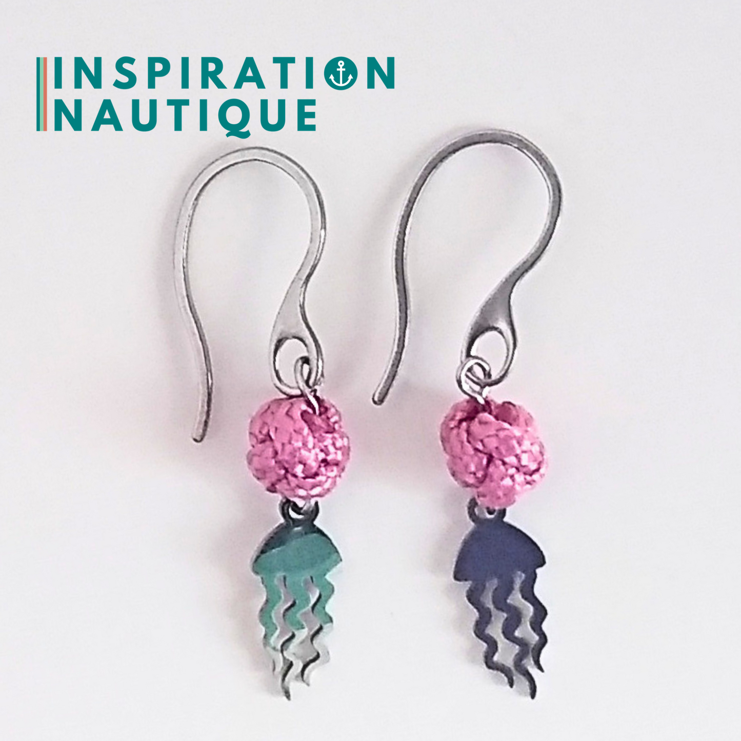 Boucles d'oreilles avec bille en corde et méduse en acier inoxydable, Lavande rose