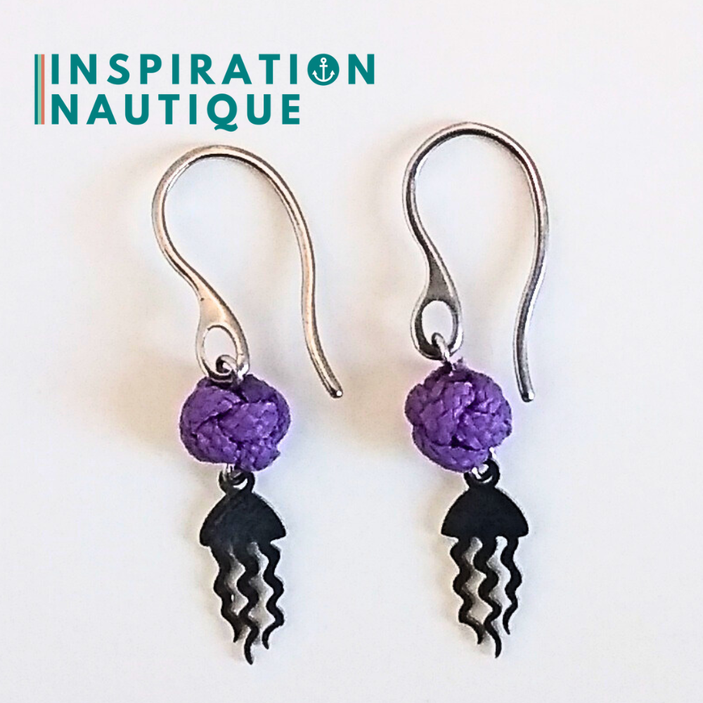 Boucles d'oreilles avec bille en corde et méduse en acier inoxydable, Lilas