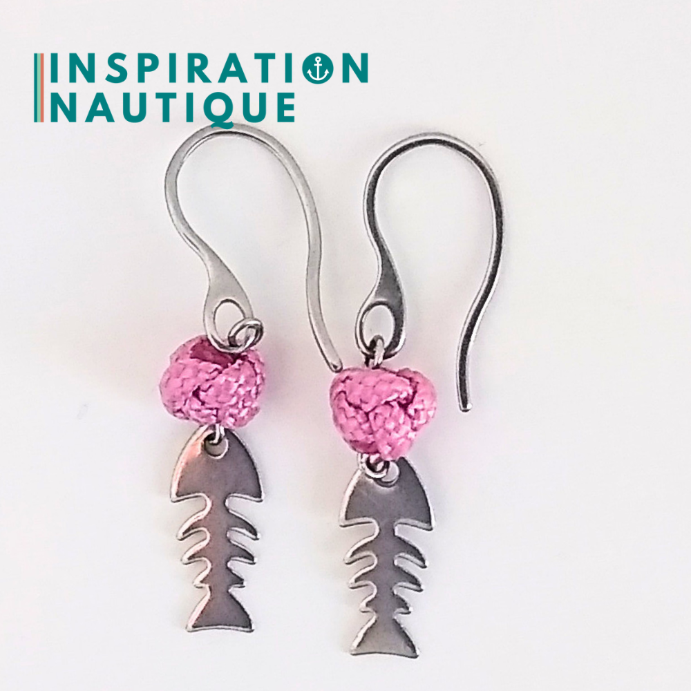 Boucles d'oreilles avec bille en corde et poisson en acier inoxydable, Lavande rose