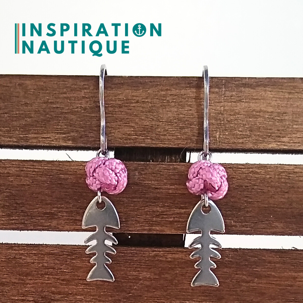 Boucles d'oreilles avec bille en corde et poisson en acier inoxydable, Lavande rose