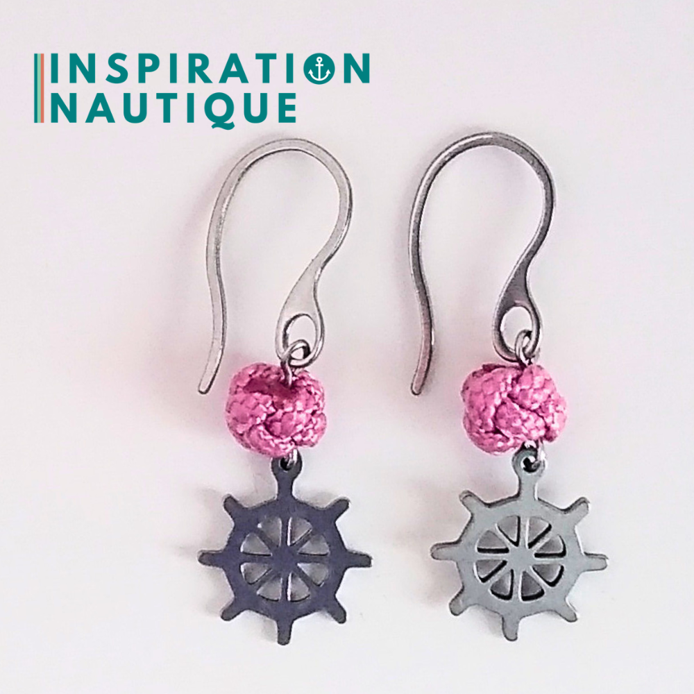 Boucles d'oreilles avec bille en corde et roue en acier inoxydable, Lavande rose