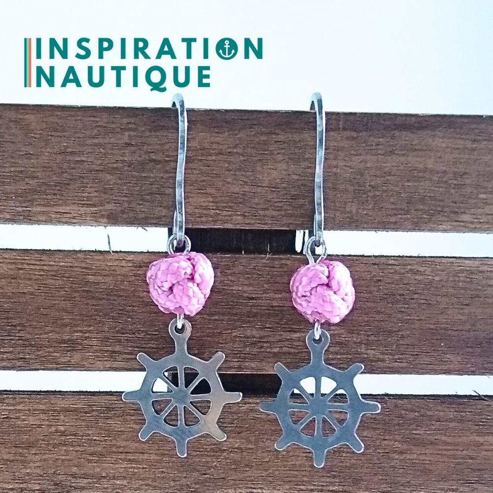 Boucles d'oreilles avec bille en corde et roue en acier inoxydable, Lavande rose