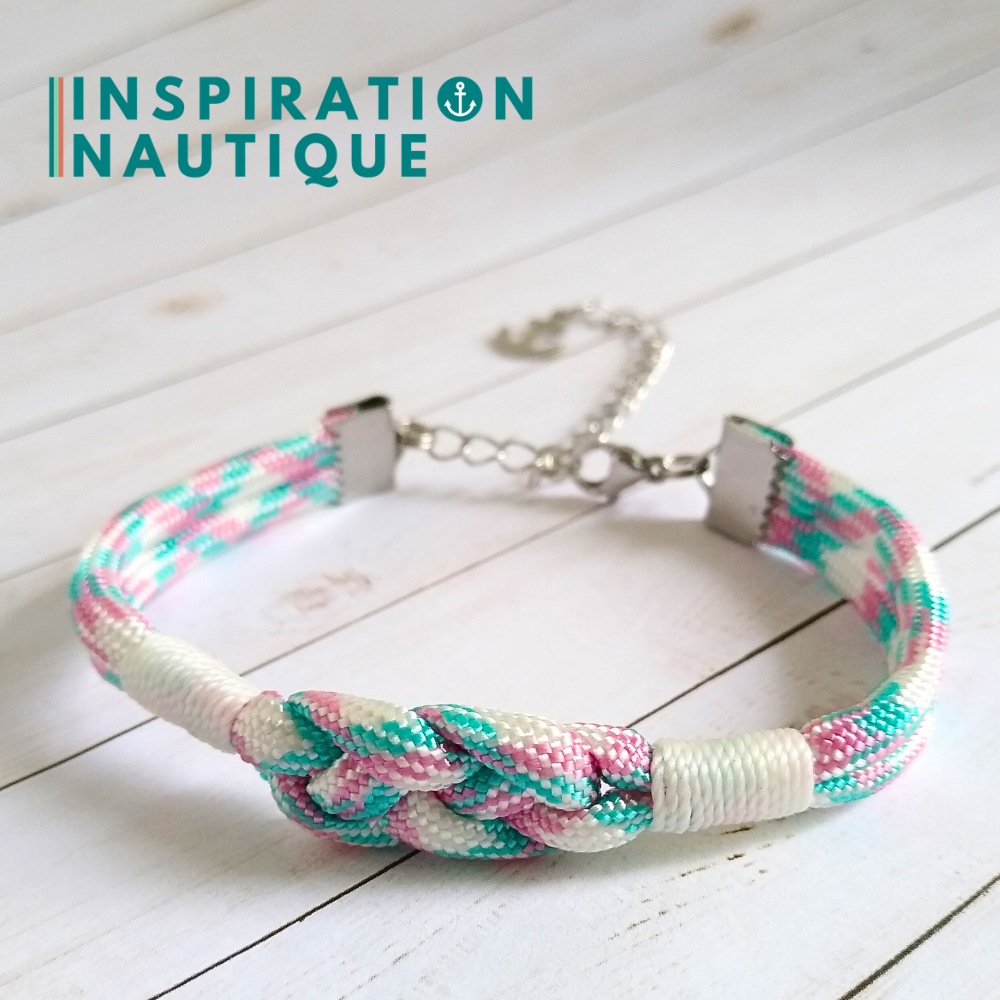 Bracelet marin avec noeud de carrick, unisexe, en paracorde 550 et acier inoxydable, Turquoise, rose et blanc, surliure blanche, Medium