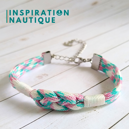 Bracelet marin avec noeud de carrick, unisexe, en paracorde 550 et acier inoxydable, Turquoise, rose et blanc