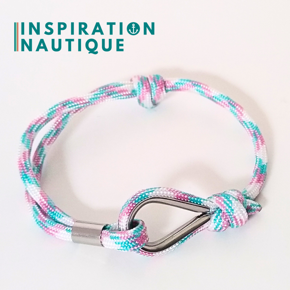 Bracelet marin avec cosse et noeud de pêcheur, Turquoise, rose et blanc