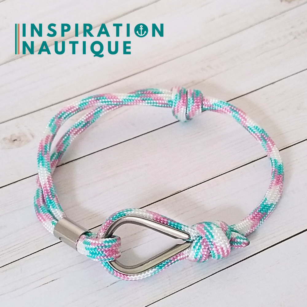 Bracelet marin avec cosse et noeud de pêcheur, Turquoise, rose et blanc