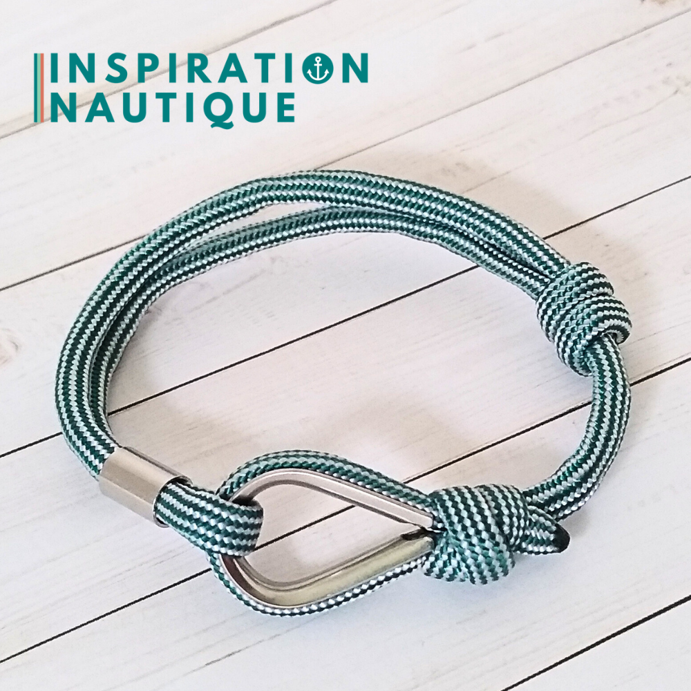 Bracelet marin avec cosse et noeud de pêcheur, Sarcelle et blanc, ligné, Medium