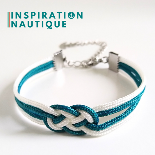 Bracelet marin avec mini noeud de carrick double, Sarcelle et blanc, Medium