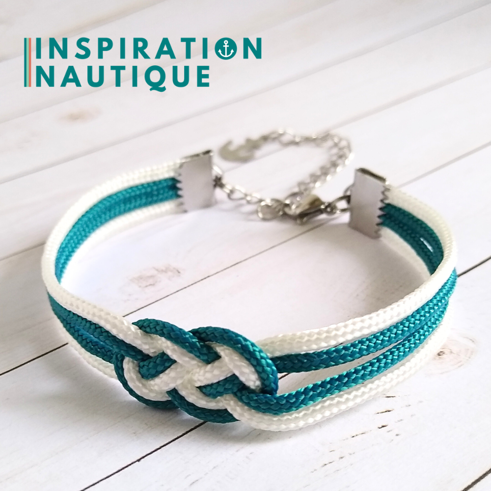 Bracelet marin avec mini noeud de carrick double, Sarcelle et blanc, Medium