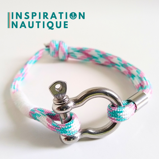 Bracelet marin avec manille en paracorde 550 et acier inoxydable, ajustable, Turquoise, rose et blanc, surliure blanche, Medium