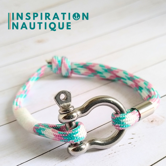 Bracelet marin avec manille en paracorde 550 et acier inoxydable, ajustable, Turquoise, rose et blanc