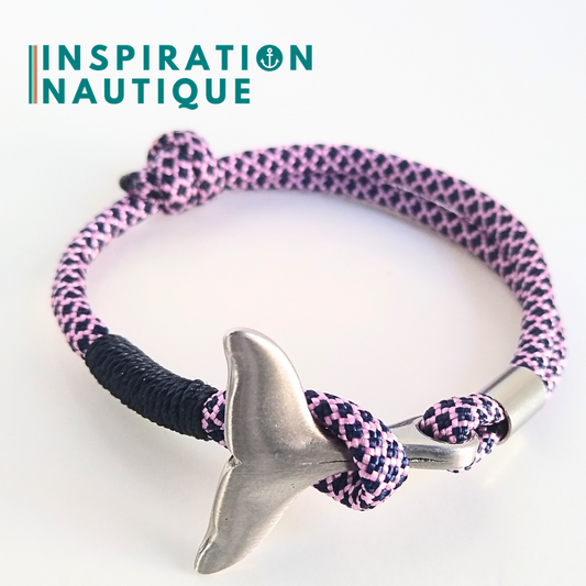 Bracelet marin avec queue de baleine en paracorde 550 et acier inoxydable, ajustable,  Marine et rose, diamants, surliure marine, Medium