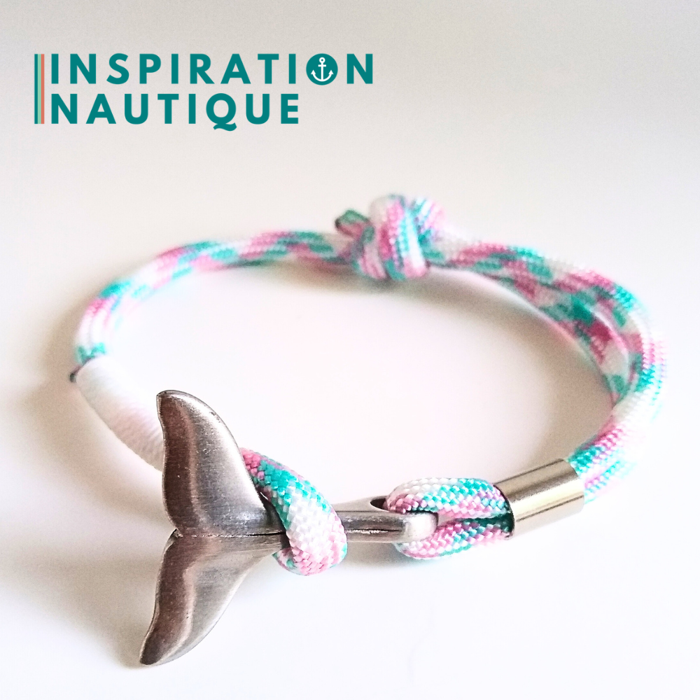 Bracelet marin avec queue de baleine en paracorde 550 et acier inoxydable, ajustable,  Turquoise, rose, blanc