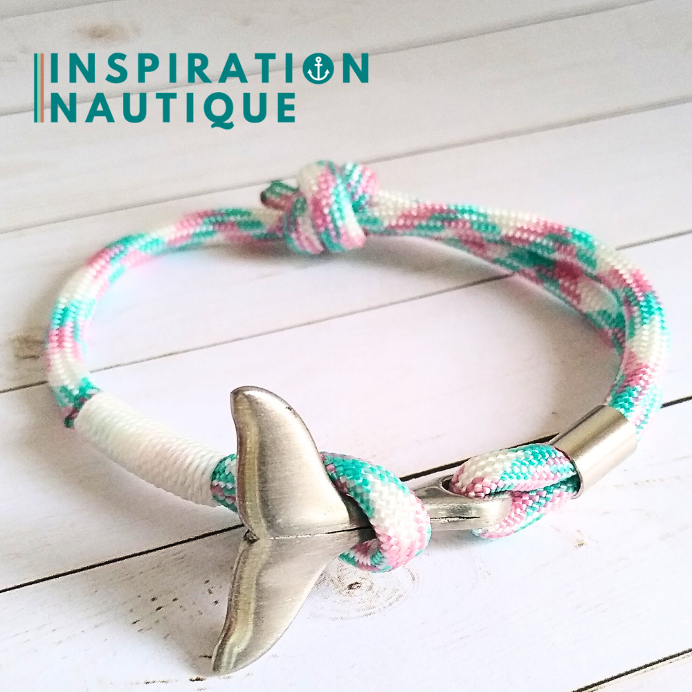 Bracelet marin avec queue de baleine en paracorde 550 et acier inoxydable, ajustable,  Turquoise, rose, blanc