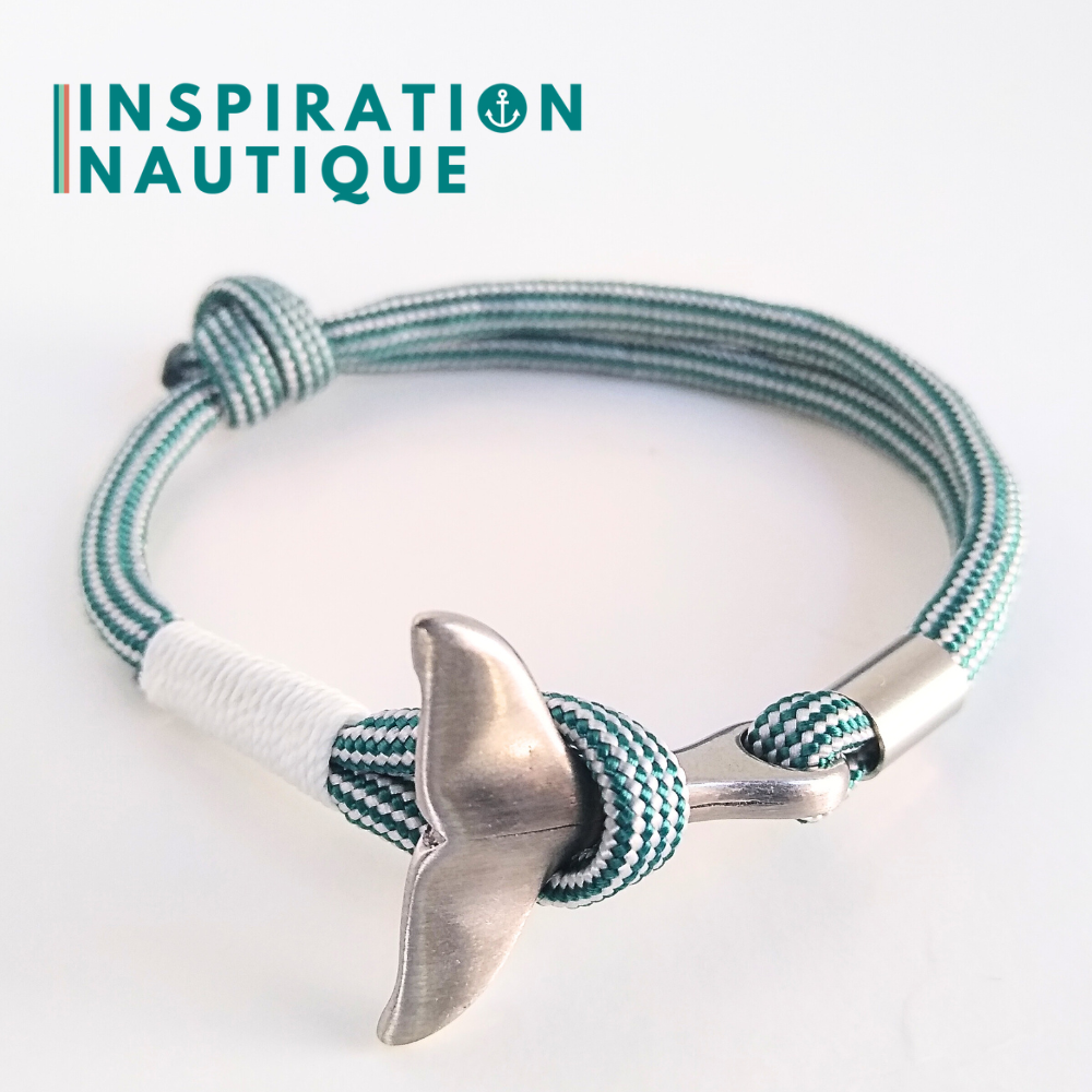 Bracelet marin avec queue de baleine en paracorde 550 et acier inoxydable, ajustable,  Sarcelle et blanc, ligné