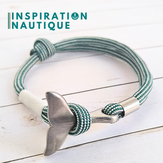 Bracelet marin avec queue de baleine en paracorde 550 et acier inoxydable, ajustable,  Sarcelle et blanc, ligné