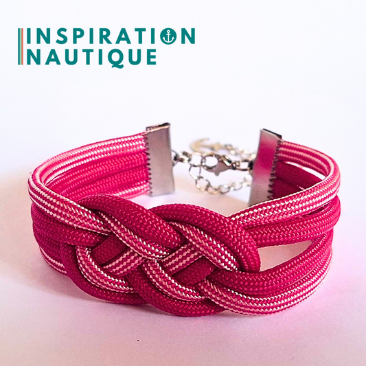 Bracelet marin avec noeud de carrick double, en paracorde 550 et acier inoxydable, Fuchsia, et fuchsia et blanc ligné, Medium