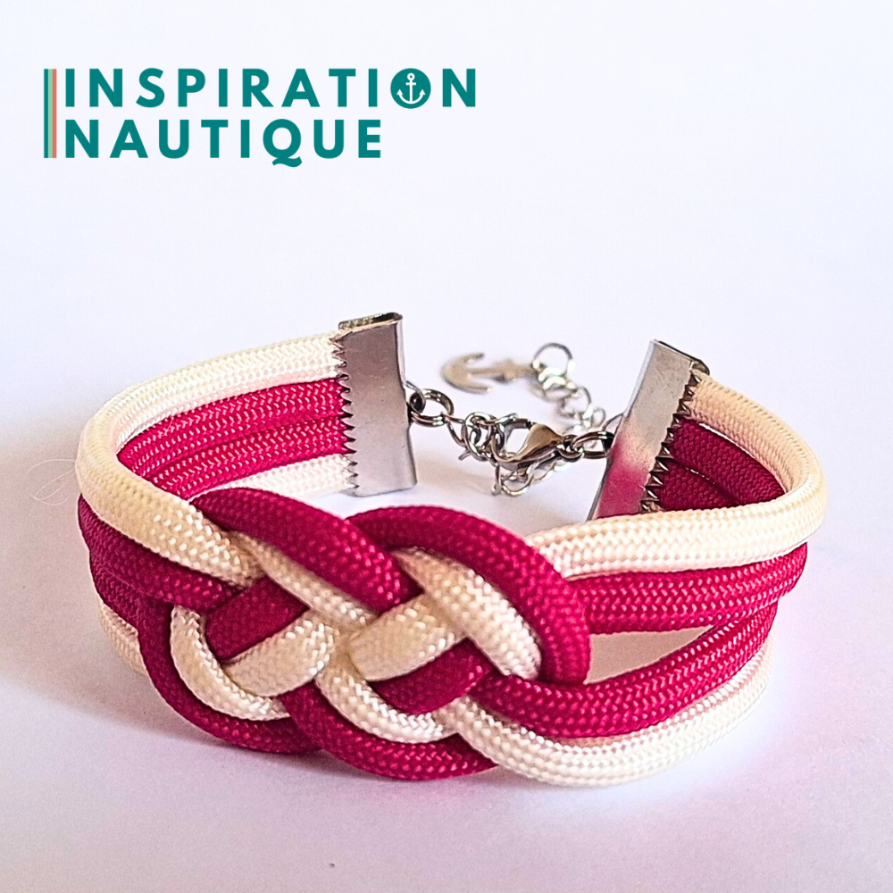 Bracelet marin avec noeud de carrick double, en paracorde 550 et acier inoxydable, Fuchsia et blanc, Medium