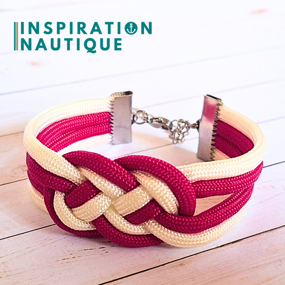 Bracelet marin avec noeud de carrick double, en paracorde 550 et acier inoxydable, Fuchsia et blanc, Medium