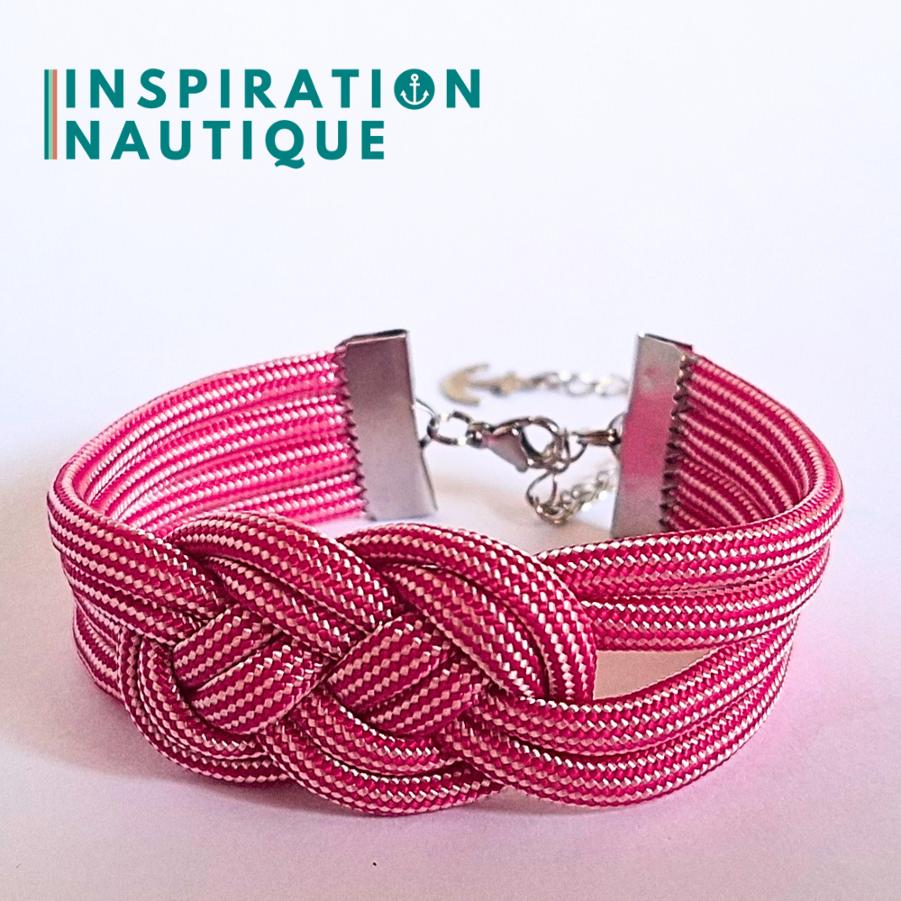 Bracelet marin avec noeud de carrick double, en paracorde 550 et acier inoxydable, Fuchsia et blanc ligné, Medium