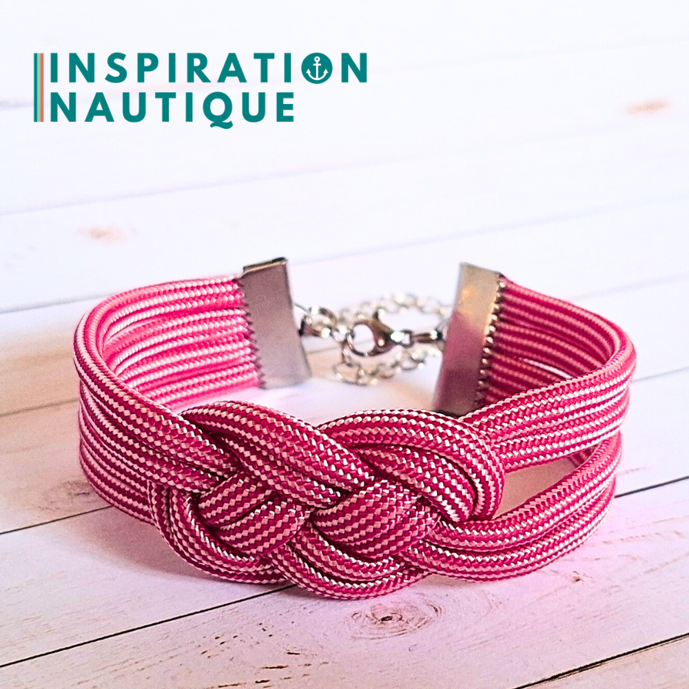 Bracelet marin avec noeud de carrick double, en paracorde 550 et acier inoxydable, Fuchsia et blanc ligné, Medium