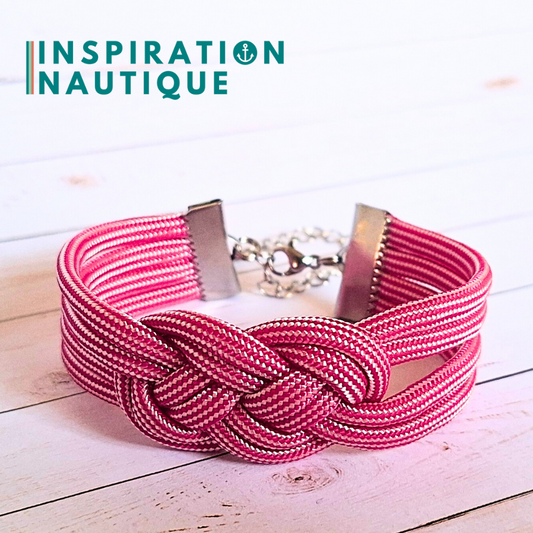 Bracelet marin avec noeud de carrick double, en paracorde 550 et acier inoxydable, Fuchsia et blanc ligné