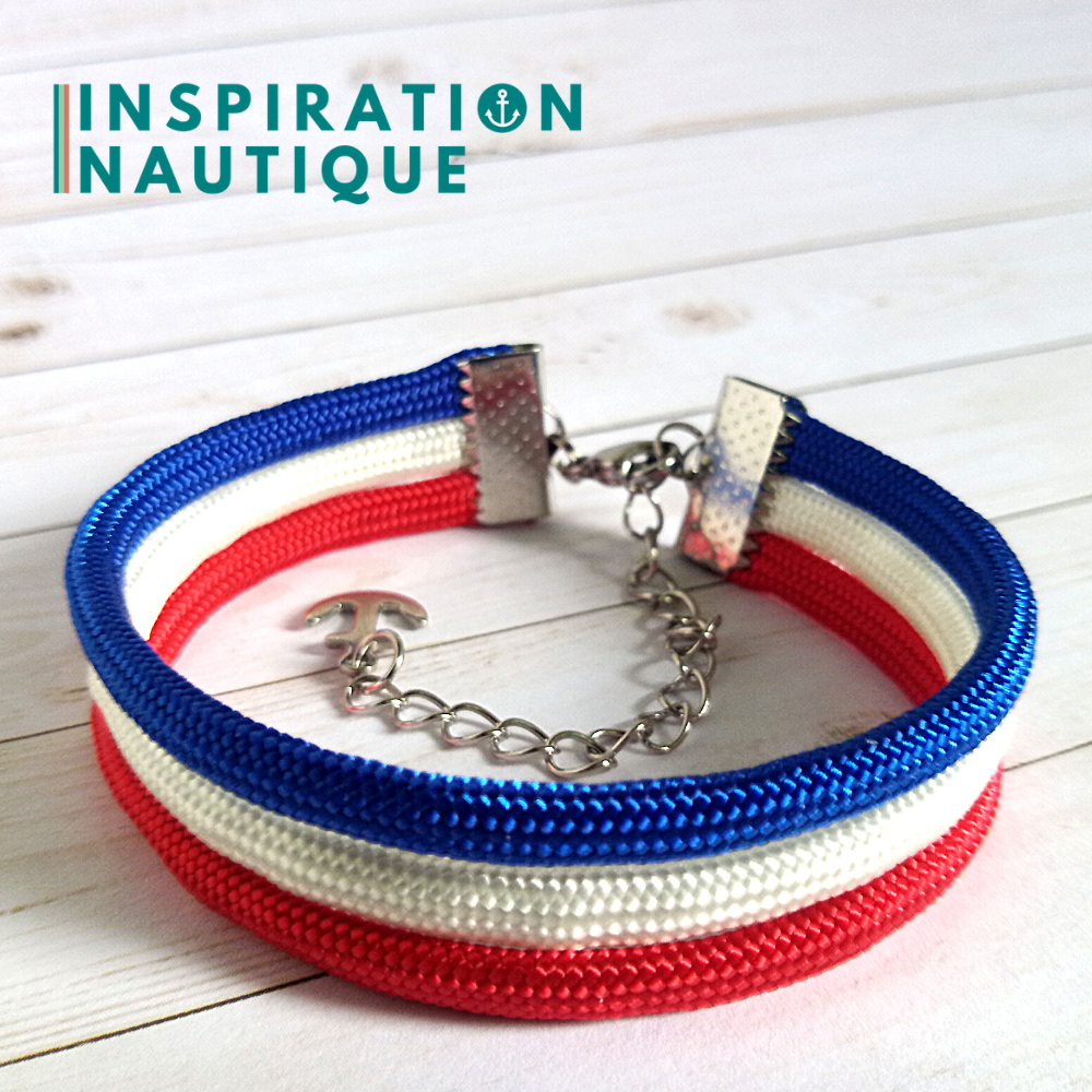 Bracelet marin triple rayures en paracorde 550 et acier inoxydable, Bleu, blanc et rouge, Medium