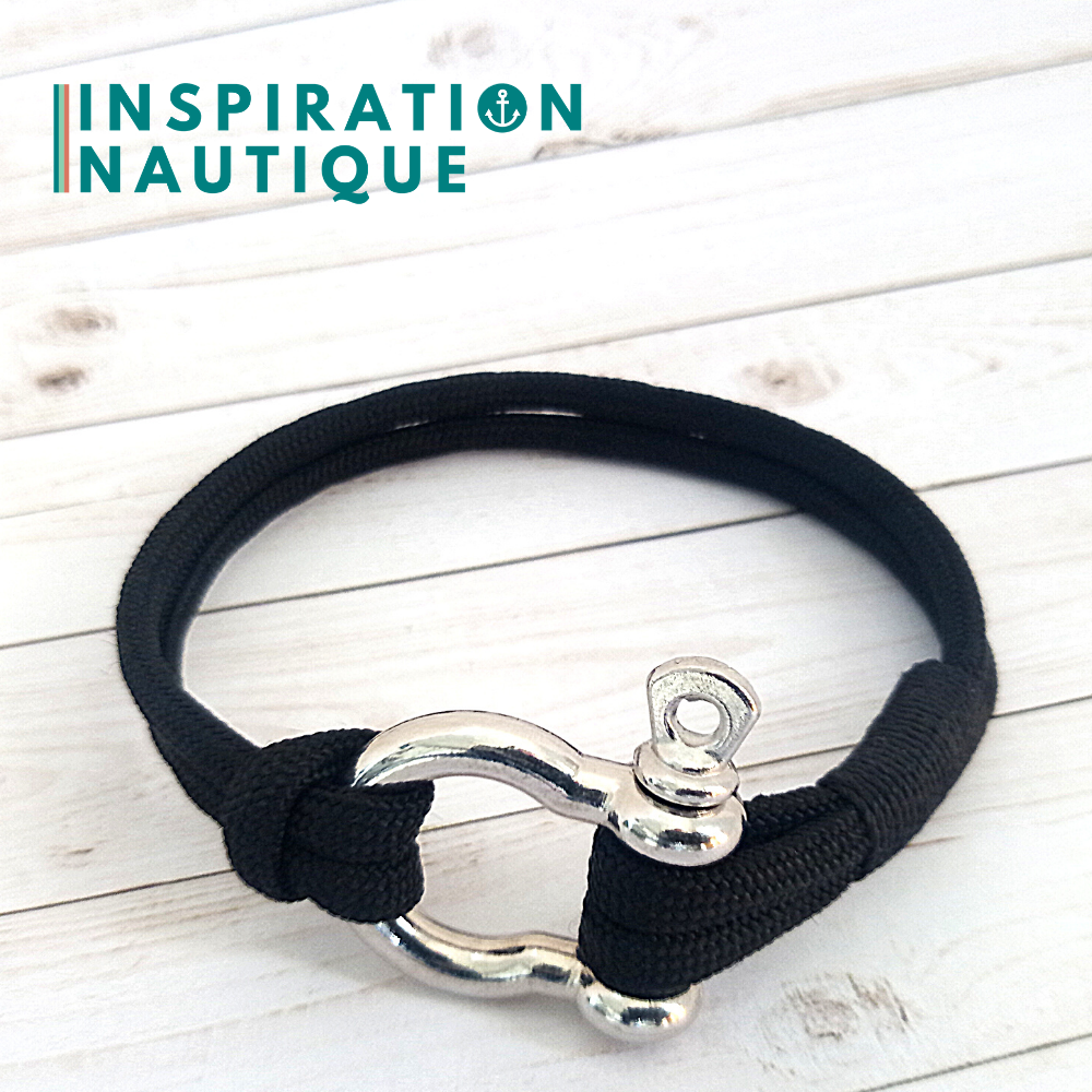 Bracelet marin avec manille en paracorde 550 et acier inoxydable, Noir, Surliure noire, Medium