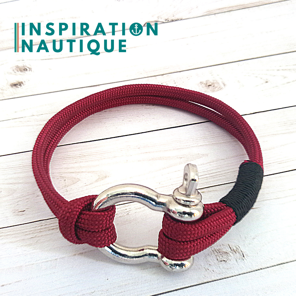 Bracelet marin avec manille en paracorde 550 et acier inoxydable, Bourgogne, Surliure noire, Medium