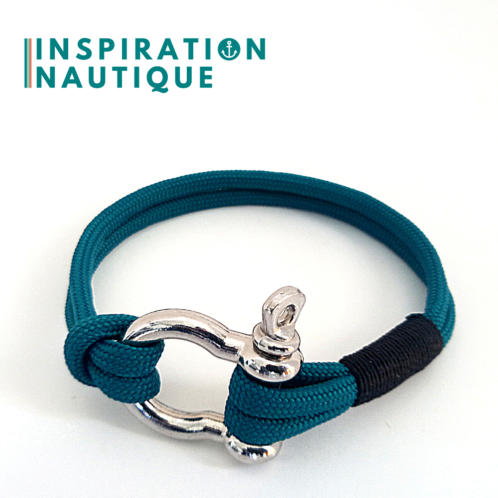 Marine bracelet with shackle for men or women in boat rope and stainless steel, Teal