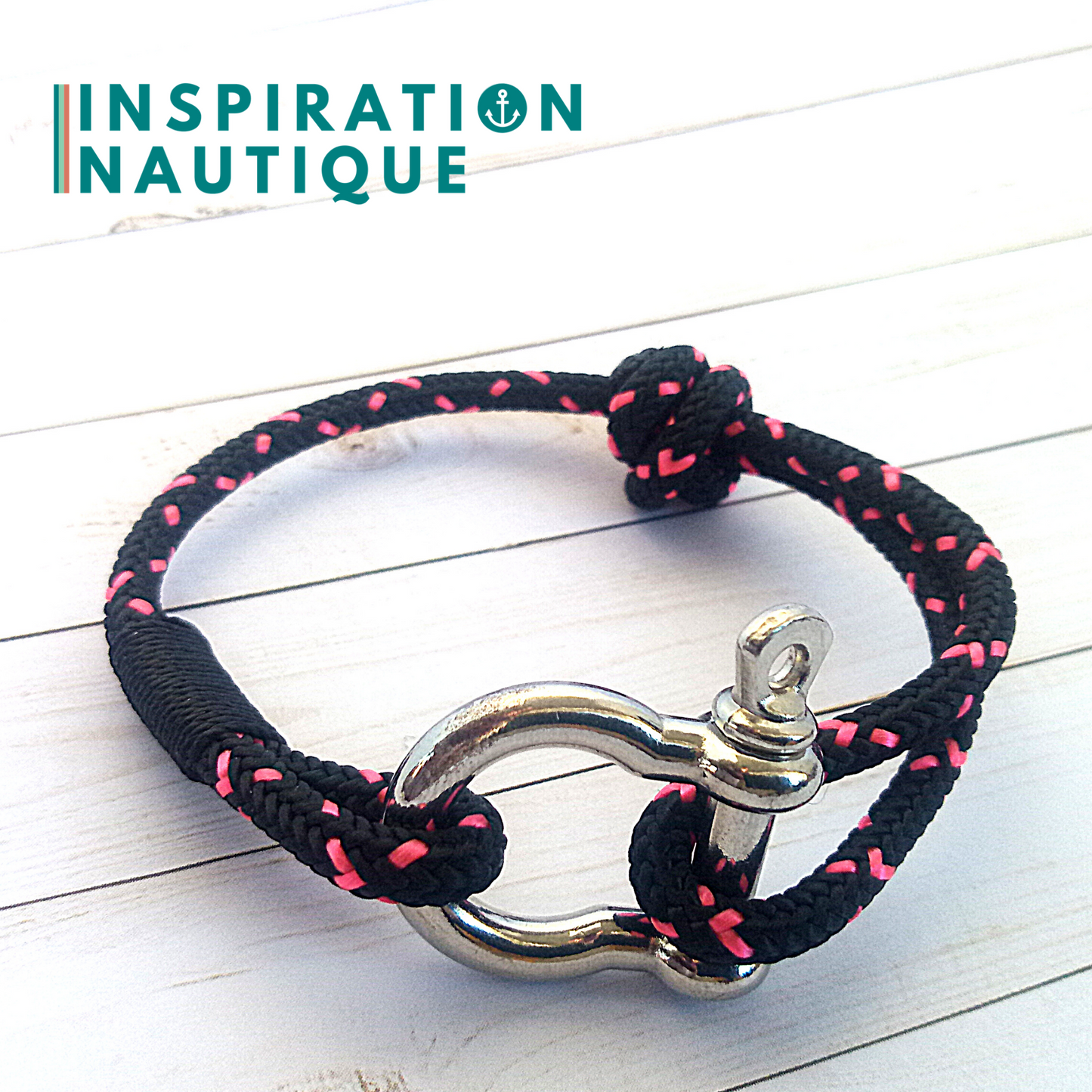 Bracelet marin avec manille en cordage de bateau et acier inoxydable, ajustable, Noir avec traceur rose, surliure noire, Medium