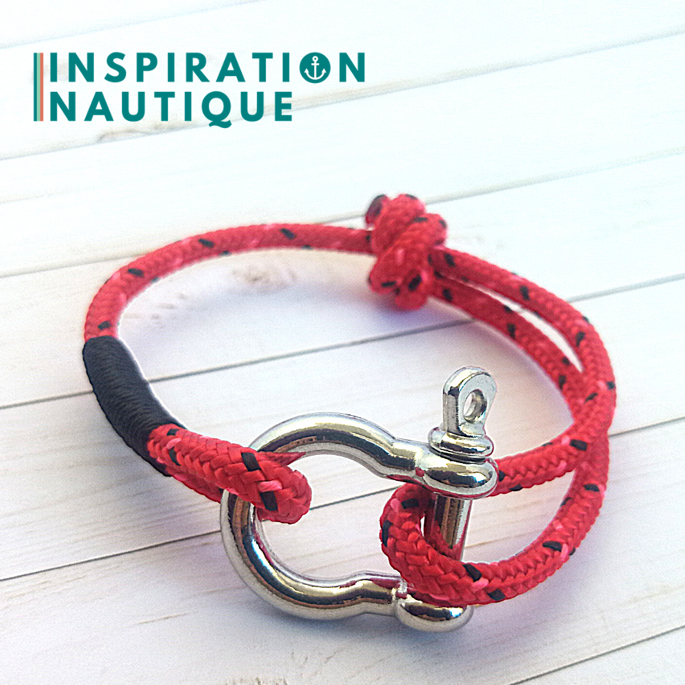 Bracelet marin avec manille en cordage de bateau et acier inoxydable, ajustable, Rouge avec traceurs noir et rose, surliure noire, Medium