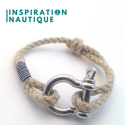 Bracelet marin avec manille en cordage de bateau et acier inoxydable, ajustable, Naturel, surliure Noire et blanche, Medium