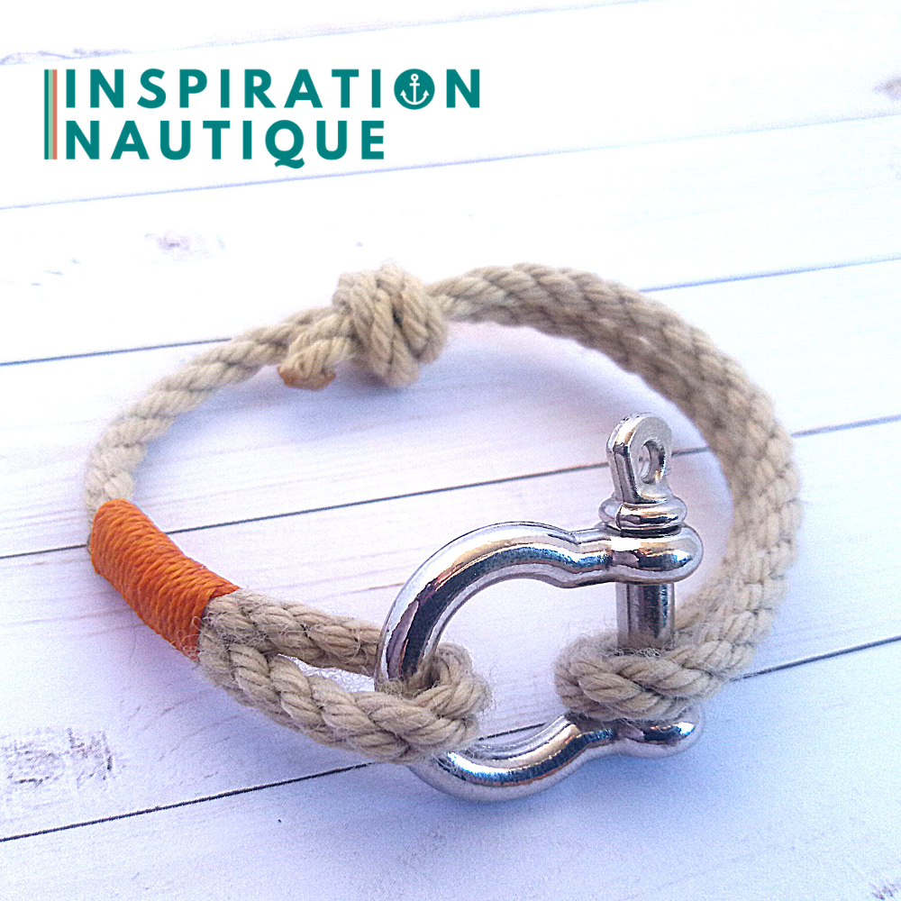 Bracelet marin avec manille en cordage de bateau authentique et acier inoxydable, ajustable, Naturel, surliure jaune, Medium