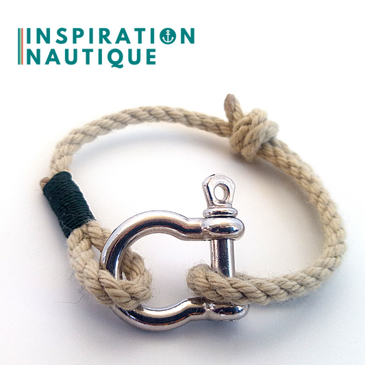 Bracelet marin avec manille en cordage de bateau et acier inoxydable, ajustable, Naturel, surliure Noire, Medium