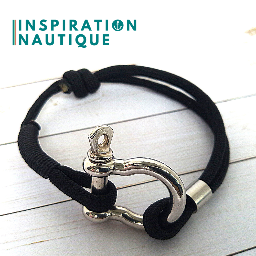 Bracelet marin avec manille en paracorde 550 et acier inoxydable, ajustable, Noir, Surliure noire, Small