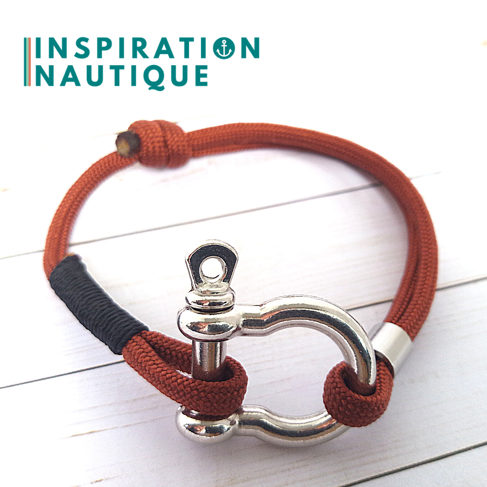 Bracelet marin avec manille en paracorde 550 et acier inoxydable, ajustable, Rouille, Surliure noire, Small