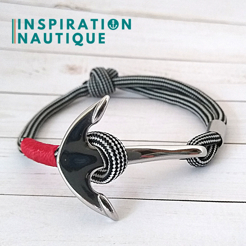 Bracelet marin avec ancre en paracorde 550 et acier inoxydable, ajustable, Noir et argenté ligné, surliure rouge, Medium