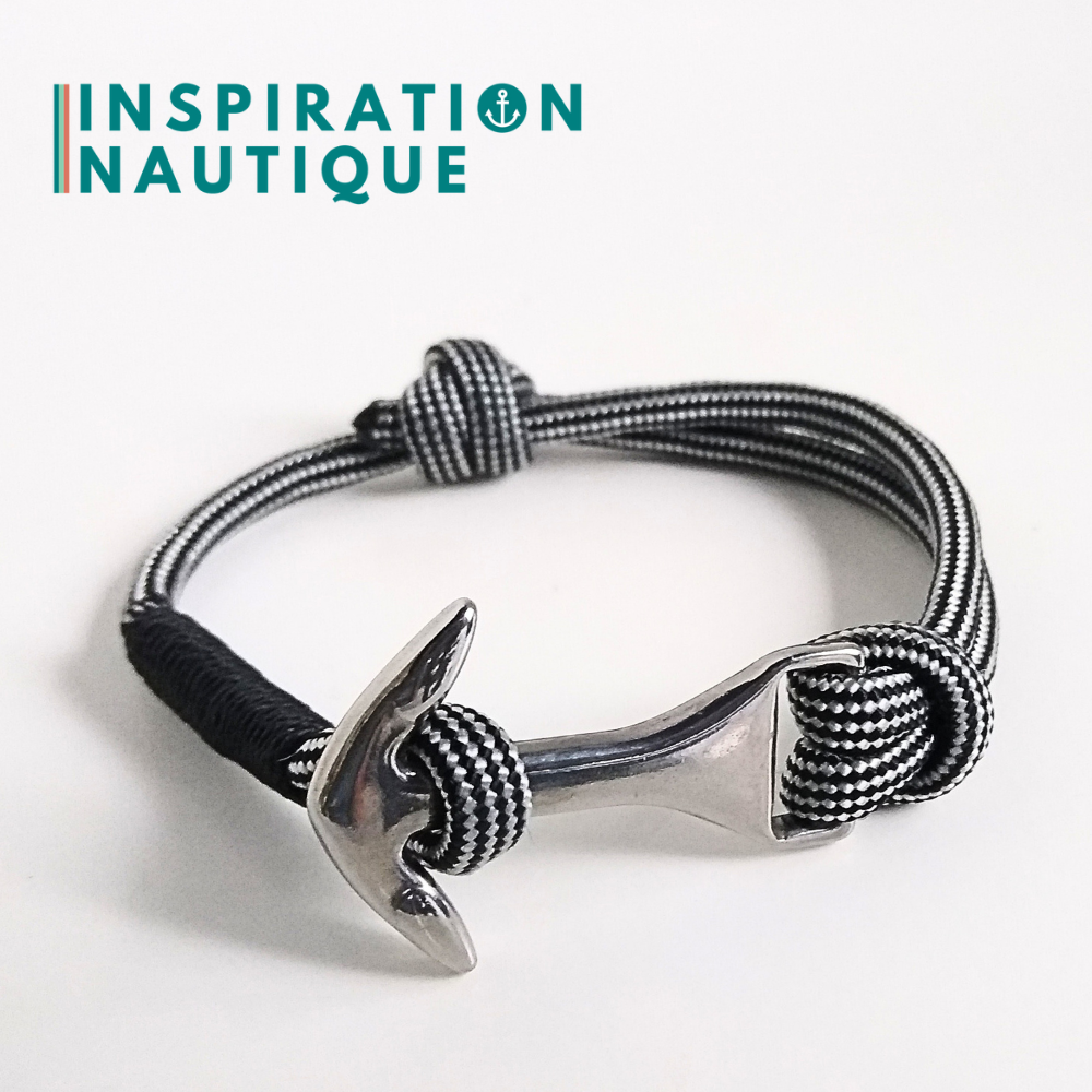 Bracelet marin avec ancre moyenne en paracorde 550 et acier inoxydable, ajustable, Noir et argenté ligné, surliure noire, Medium