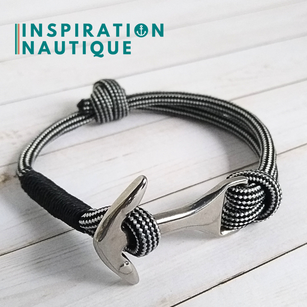 Bracelet marin avec ancre moyenne en paracorde 550 et acier inoxydable, ajustable, Noir et argenté ligné, surliure noire, Medium