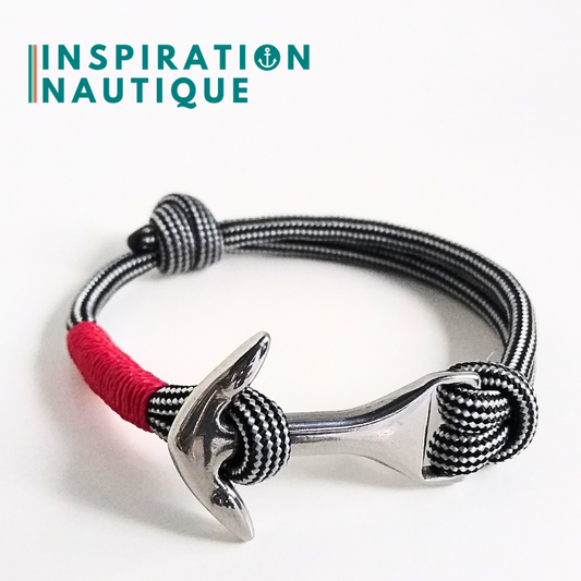 Bracelet marin avec ancre moyenne en paracorde 550 et acier inoxydable, ajustable, Noir et argenté ligné, surliure rouge, Medium