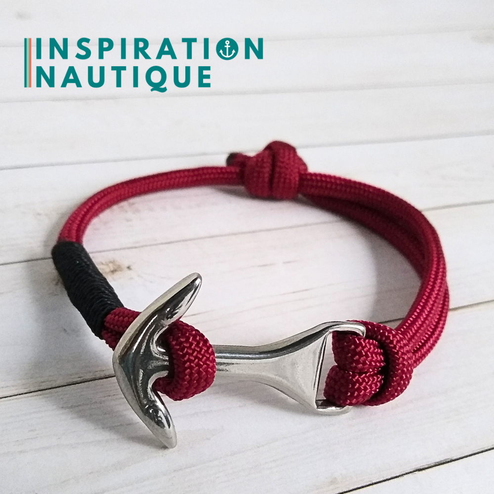 Bracelet marin avec ancre moyenne en paracorde 550 et acier inoxydable, ajustable, Bourgogne