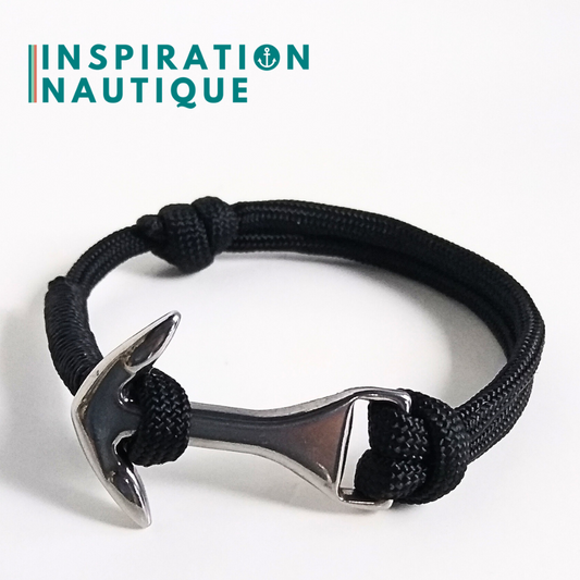 Bracelet marin avec ancre moyenne en paracorde 550 et acier inoxydable, ajustable, Noir, surliure noire, Medium