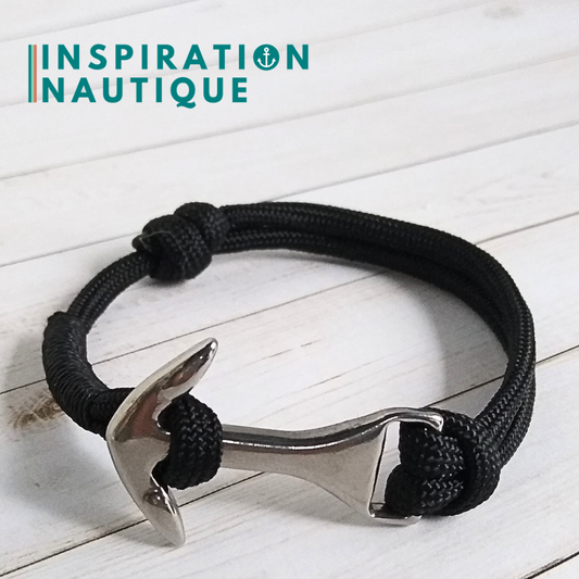 Bracelet marin avec ancre moyenne en paracorde 550 et acier inoxydable, ajustable, Noir