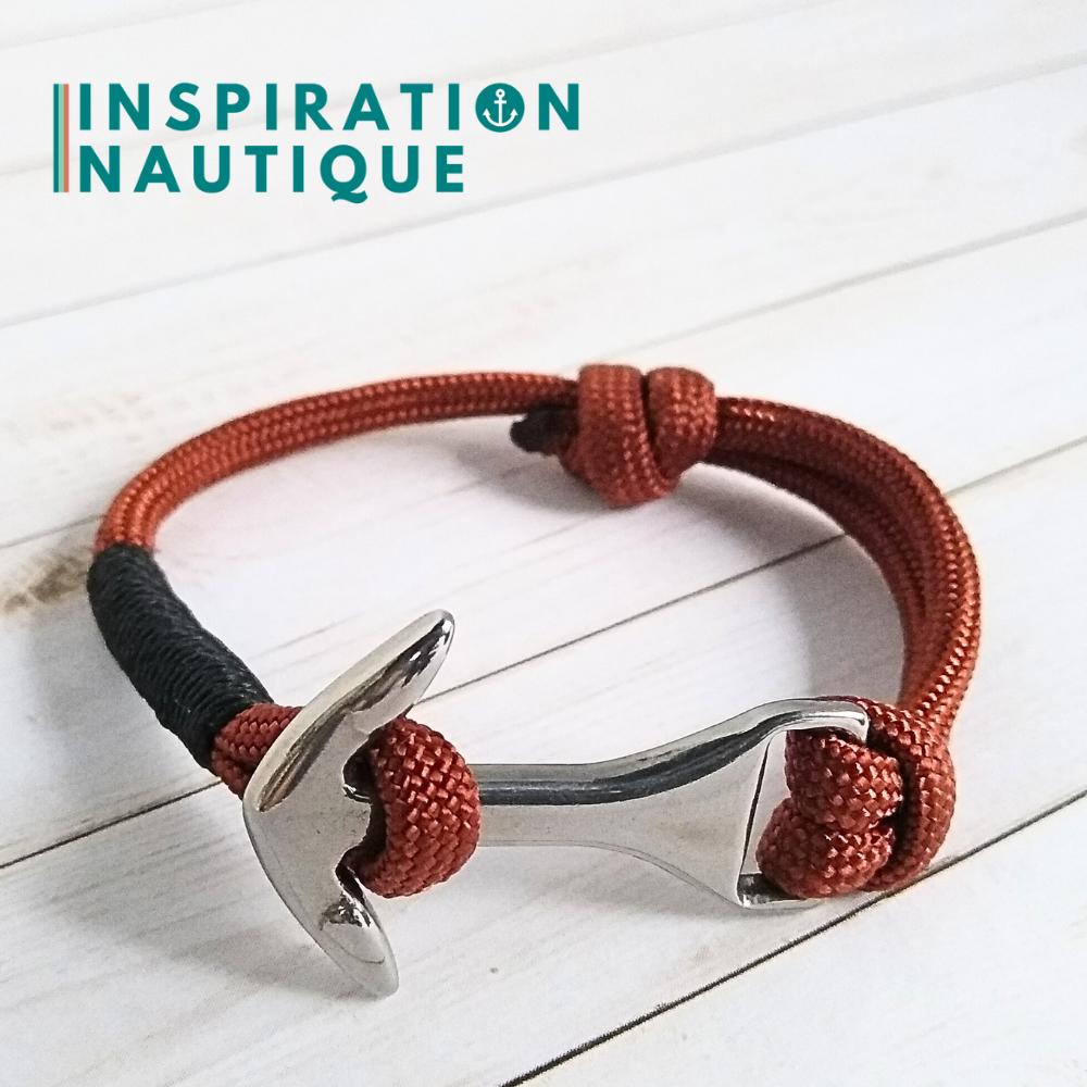 Bracelet marin avec ancre moyenne en paracorde 550 et acier inoxydable, ajustable, Rouille, surliure noire, Small